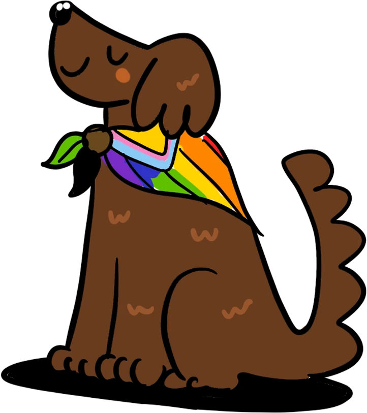 Illustration of a dog with a pride flag neckerchief.