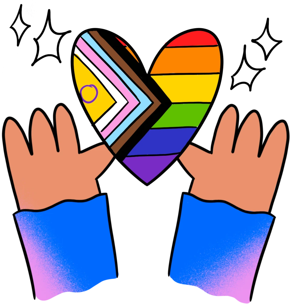 Illustration of a Pride flag-coloured heart in raised hands.